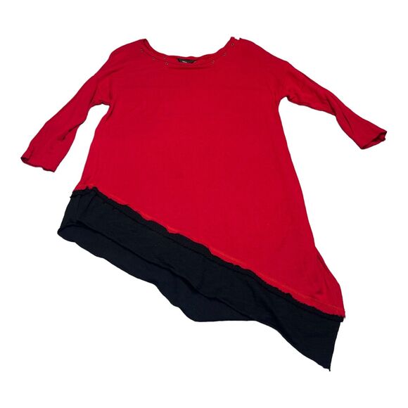 Intro Blouse Top Women's 1X Red Asymmetrical Hem Round Neck 3/4 Sleeve Pullover - Picture 1 of 7